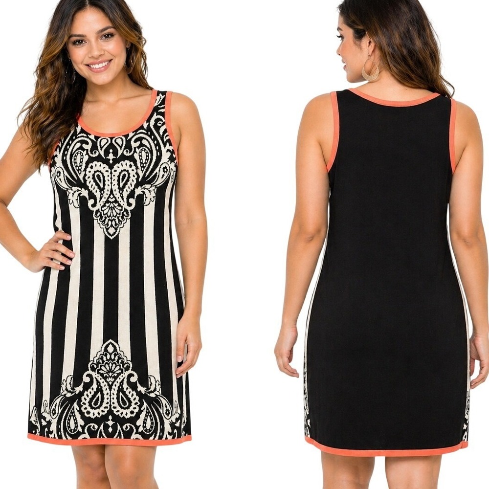 Flying Tomato Tank Dress Small Black White Paisley Striped Coral Trim Sleeveless